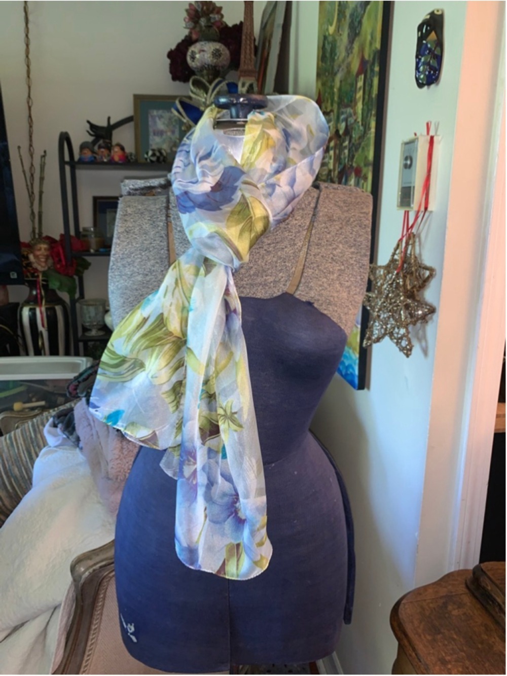 Women's Unbranded Floral Sheer Scarf One Size Blue Green